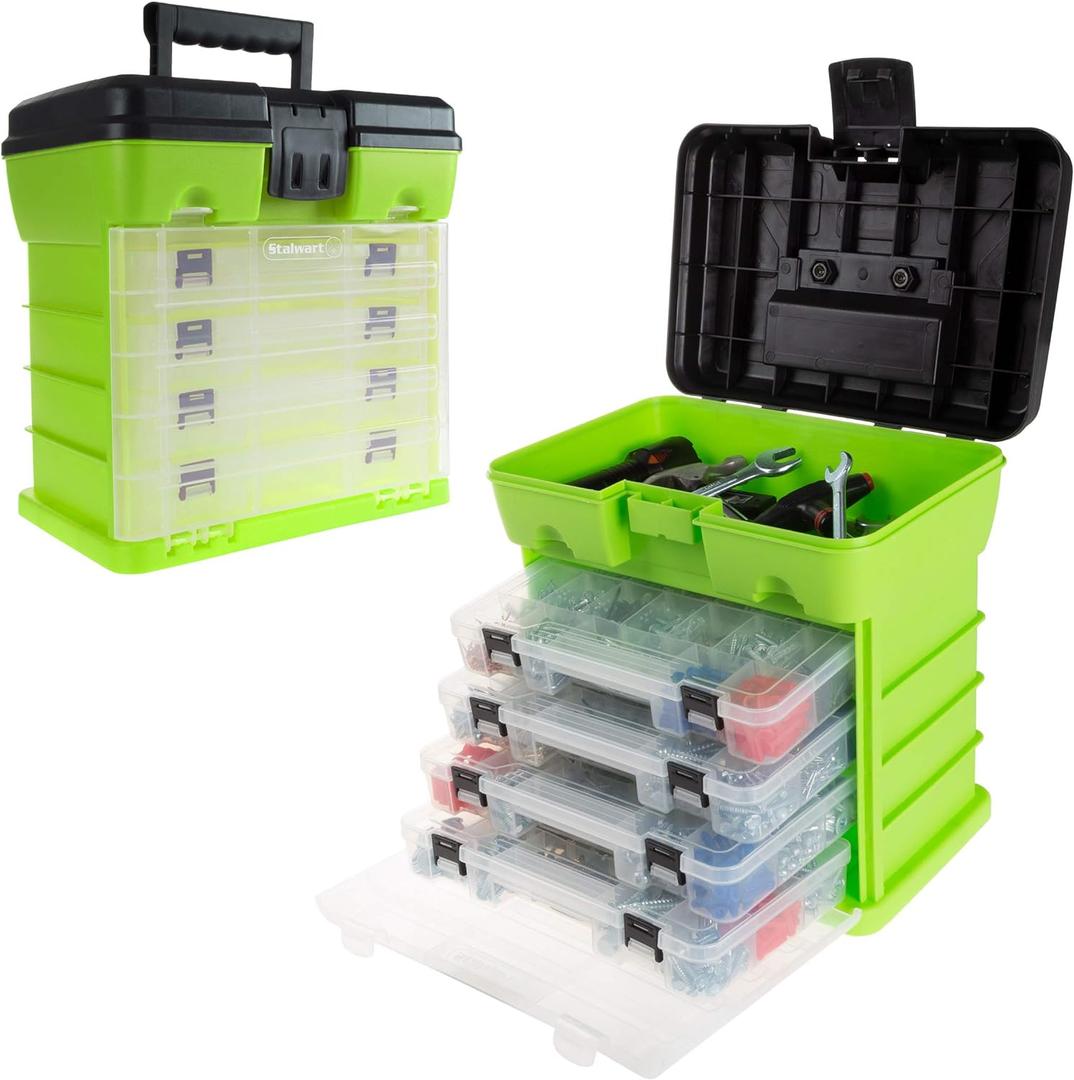 Portable Tool Box - Small Parts Organizer with Drawers and Customizable Compartments for Hardware, Fishing Tackle, Beads or Crafts by Stalwart (Green)