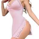 Sexy High Split Side Floral Lace Babydoll Lingerie Dress Set 2 Piece with Thong XL