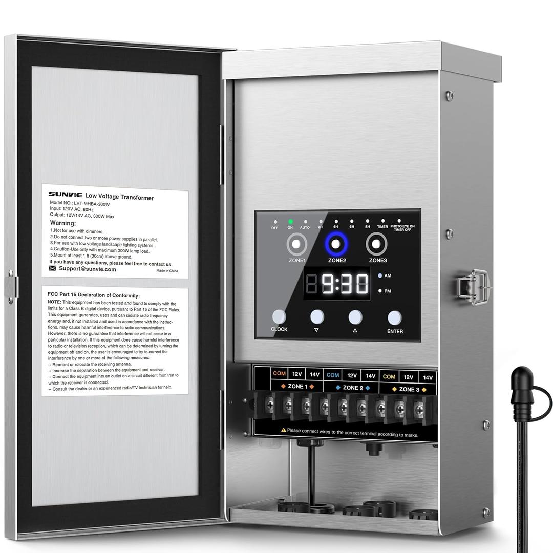 SUNVIE 300W Low Voltage Landscape Transformer 3 Zone Independent Control Outdoor Low Voltage Transformer with Timer & Photocell Sensor 120V AC to 12V/14V AC Waterproof Landscape Lighting Transformer