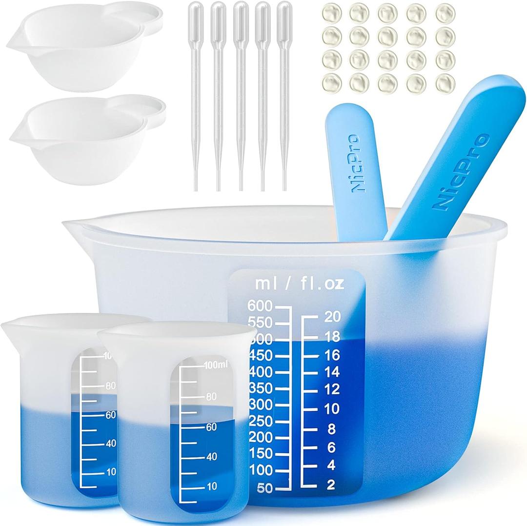 Large Silicone Resin Measuring Cups Tool Kit - Nicpro Reusable 600ml & 100ml Measure Cup, Silicone Stir Sticks Pipettes Finger Cots for Epoxy Resin Mixing, Molds, Jewelry Making, Waxing, Easy Clean (white 2)