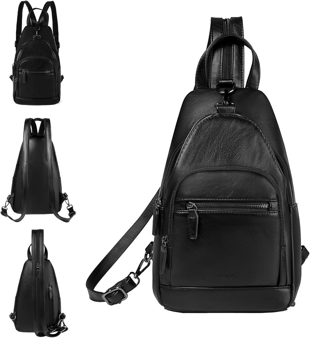 RAVUO Sling Bag for Women, Anti Theft Small Crossbody Backpack Purse Fashion PU Leather Ladies Convertible Daypack (Black)