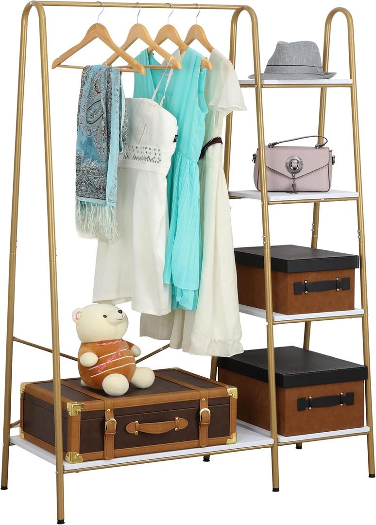 Finnhomy Clothes Rack, Clothing Rack for Hanging Clothes Heavy Duty Garment Rack with 5 Wood Shelves Freestanding Portable Closet Organizer for Bedroom/Entryway/BoutiquesGold