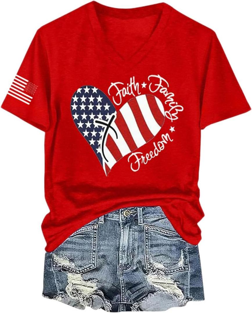 4th of July Shirt for Women:American Flag Heart Graphic Tee Faith Family Freedom Patriotic T-Shirt Red White and Blue Short Sleeve Summer V Neck Tops（2XL, Red-01)