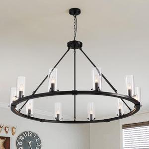 48 Inch Farmhouse Wagon Wheel Chandelier, 10-Lights Black Chandelier with Glass Shade, Large Round Rustic Ceiling Hanging Pendant Lighting Fixtures for Living Room Dining Room Kitchen Foyer Entryway