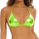 Halter Metallic Crop Top Shiny Triangle Bralette Rave Bra Swimsuit Top (Large, Green)