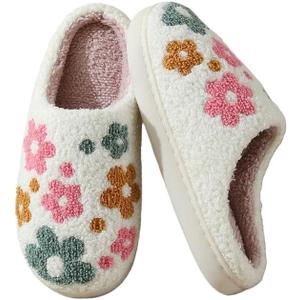 Women Men Plush Strawberry Slippers Cute Fuzzy Slippers Non-Skid Winter Warm Cozy House Indoor Outdoor Shoes (9-10 Women/7.5-8 Men, Flowers)