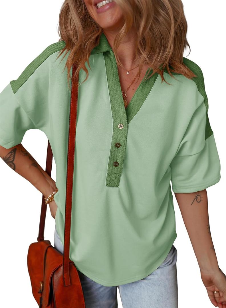 Dokotoo Womens Summer Shirts Casual Short Sleeve 1/4 Button Solid Collar Neck Curved Hem Pullover Sweatshirts Tops (Green, L)