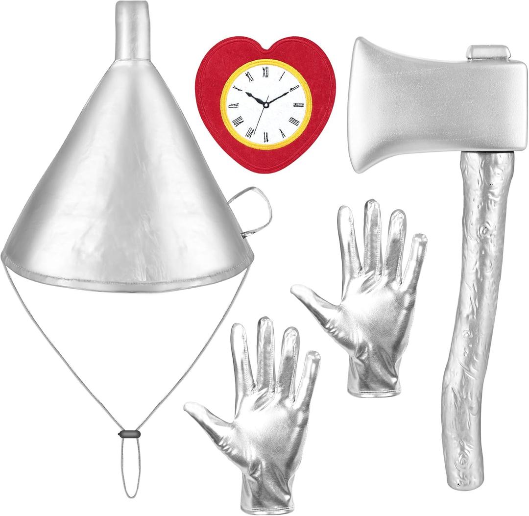 CICOCI 4 PCS Silver Funnel Hat Axe Gloves Set Halloween Costume Tin Costume Accessories for Adult Cosplay Party