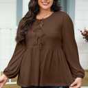 AlvaQ Plus Size Babydoll Tops for Women Dressy Tendy Long Sleeve Crewneck Bow Tie Front Peplum Blouse Shirts,Coffee 1X