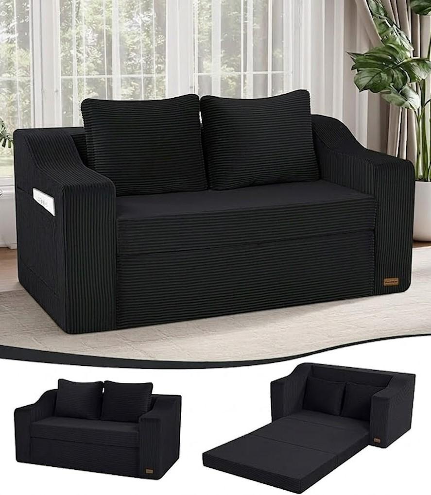 MeMoreCool Convertible Sofa Bed, Pull Out Loveseat Sofa Sleeper Couch for Bedroom Living Room Lounge, 2 in 1 Small Couch Bed with Pillow, Foldable Love Seat Futon Corduroy Black
