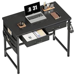 Maihail Small Desk with Drawers, 31.5 inch Computer Desk with Drawers, Small Office Table with Metal Frame, Black