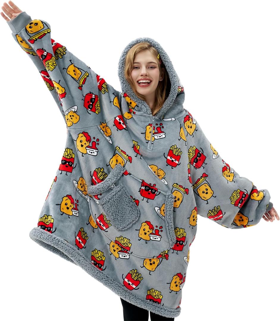 Giggling Getup Wearable Blanket Hoodie for Adults Gifts for Teen Girls Sister Women Sherpa Fleece Printed Hooded Blanket Sweatshirt Warm Cozy with Pocket & Sleeves Grey Chicken Nuggets Fries