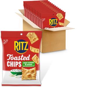 RITZ Toasted Chips Sour Cream and Onion Crackers, Bulk Individual Snacks, 12 Snack Packs (EXP 08/30/26)