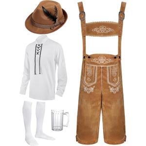 Toulite 6 Pcs German Oktoberfest Costume Set for Men Lederhosen Suspender Shirt Hat Socks Beer Stein for Festival (X-Large, Camel)