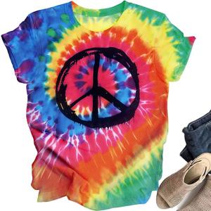 Tie Dye Peace Shirt for Women Retro Hippie Graphic Print Tee Short Sleeve Casual Summer Top Boho Vintage Style T-Shirt L