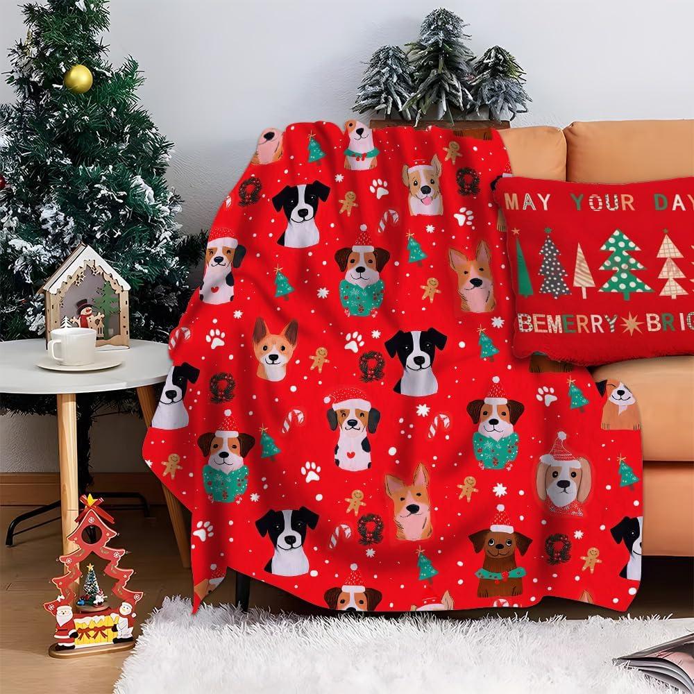 Candy Cane Xmas Dog Christmas Fleece Blanket Super Soft Cozy Throw Blanket Throw 50x60inch, Lightweight Fuzzy Comfy Textured Flannel Blanket Warm Plush Throw Blankets for Couch, Sofa, Bed