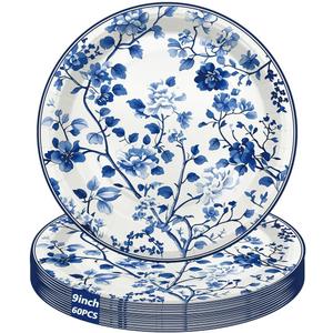 60 Pcs Floral Paper Plates Blue and White Flower 9 Inch Dinner Dessert Cake Paper Plates Disposable Floral Tableware for Wedding Bridal Baby Shower Birthday Decorations Supplies Favors