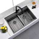 33x22 Black Drop In Double Bowl Kitchen Sink, 33x22x10 Inch 16 Gauge Black Stainless Steel 50/50 Double Workstation Sink with Accessories, 33 Inch Drop In Double Basin Sink with Cutting Board