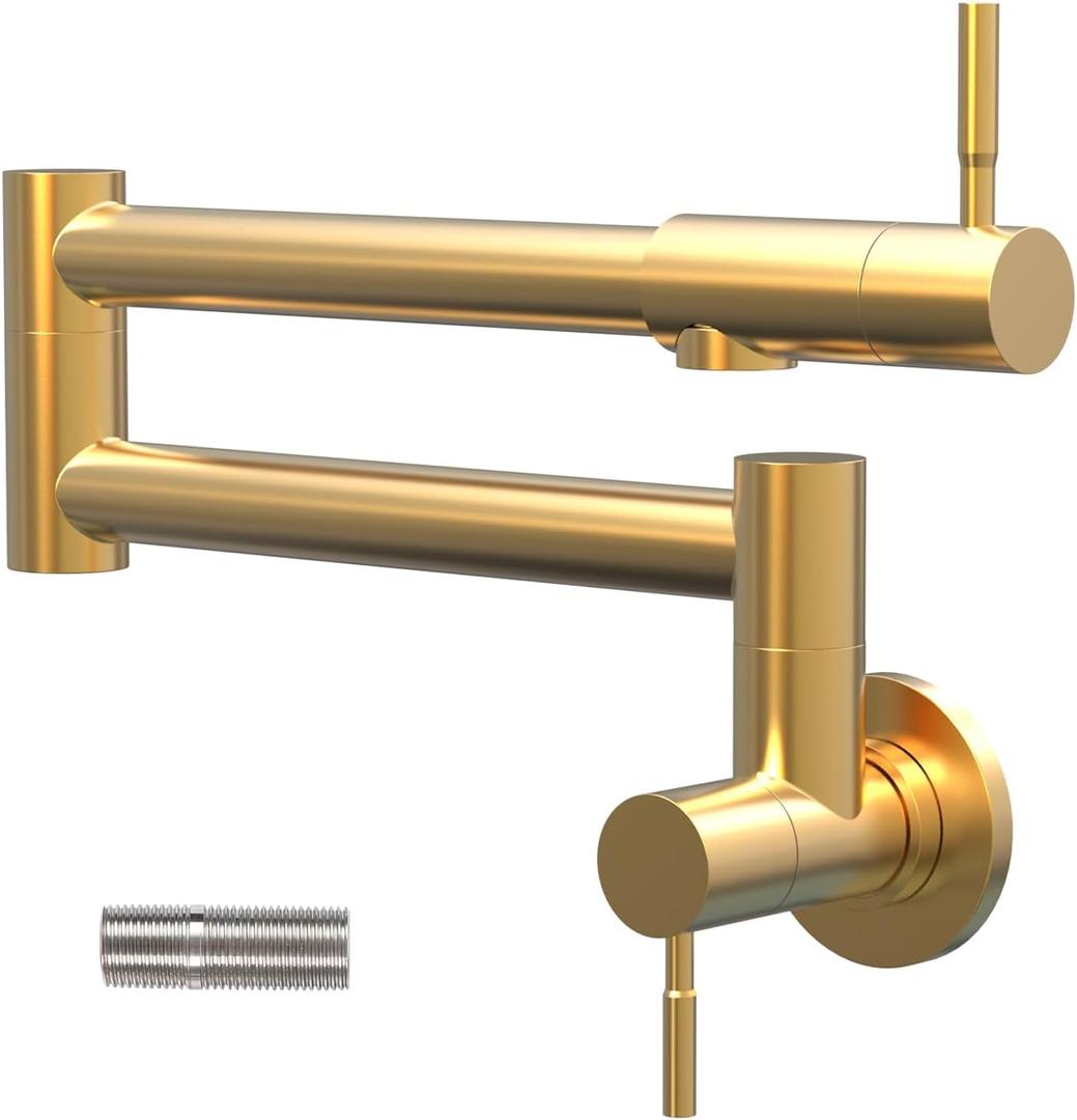 Gold Pot Filler Faucet, Wall Mount Folding Kitchen Faucet Over Stove, Single Hole 2 Handles Stretchable Design with Double Joint Swing Arms, 304 Stainless Steel