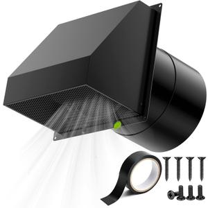 HG Power 8 Inch Hooded Wall Vent with Damper and Screen, Exterior Vent CoversGalvanized Steel Exhaust Vent, Exhaust Fan Cover for Kitchen Range Hood Ventilation, HVAC Duct Air Exhaust, Black