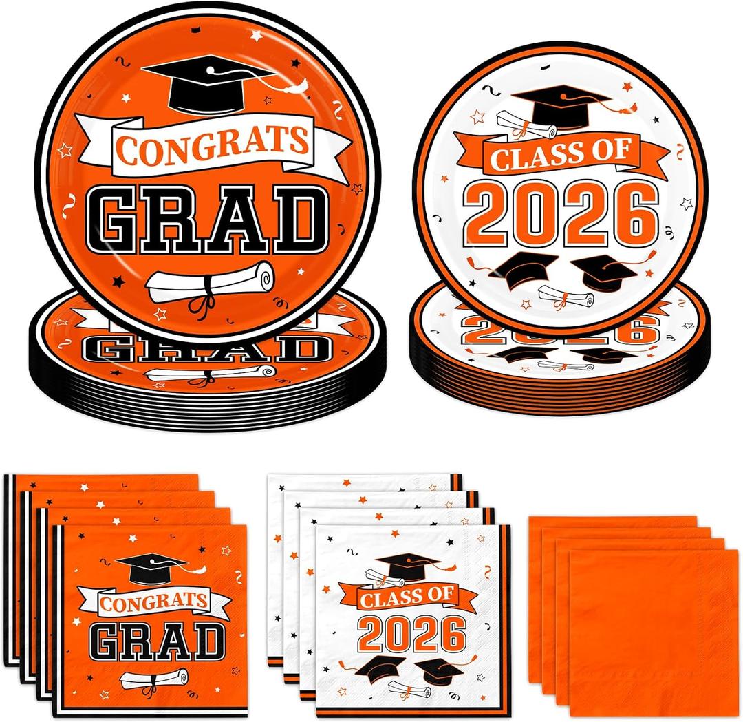 Orange Graduation Plates and Napkins Class of 2026 Grad Congrats Party Supplies Disposable Paper Plates Napkins for 2026 Graduation Party Decorations, Serve 50