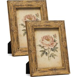 Sonefreiy 5x7 Gold Picture Frames Set of 2 Vintage Antique 5 x 7 Picture Frame Unique Bamboo Line Photo Frame Wall and Tabletop Living Room Bedroom Decor Gift for Family Friends Mom Grandma