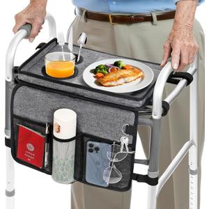 Rhino Valley Walker Tray for Folding Walker, Tray for Walkers with Non-Slip Mat for Food, 3 Front Pockets & 2 Cup Holders, Fits Most Standard Folding Walkers, Walker Accessories for Senior, Gray