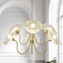 33.4" Modern Floral Glass Chandelier, 6-Light Extra Large Ceiling Light Fixture with Clear Flower Shades, Brass Gold Accents for Living Room, Bedroom, Dining Room