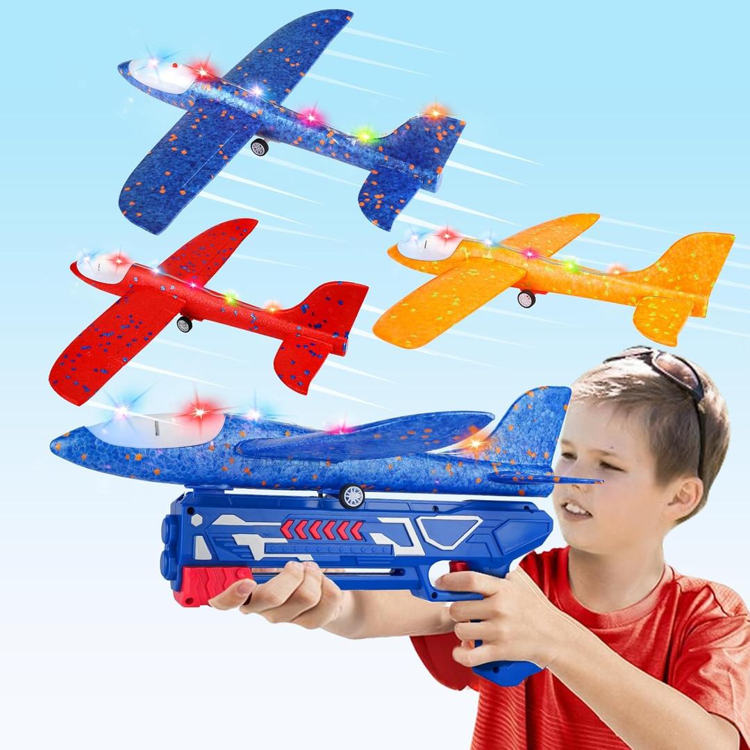 3 Pack Airplane Launcher Toy, 12.6" Foam Glider Led Plane, 2 Flight Mode Catapult Plane for Kids Outdoor Sport Flying Toys Gifts for 3 4 5 6 7 8 9 10 12 Year Old Boys Girls (Red& Orange& Blue)