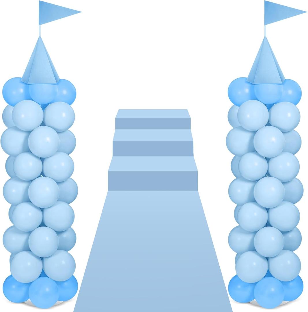 2 Sets Adjustable Blue Princess Castle Balloon Column Stand Kit Includes 140 Pcs Balloons 2 Tricorne Hat 2 Pennant 1 Carpet for Princess Birthday Party Weddings Decoration