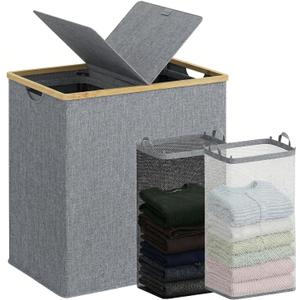 efluky Laundry Hamper with Lid, Double Laundry Hamper with 2 Removable Bags, 2 Section Laundry Basket with Bamboo Handles for Bathroom, Bedroom & Laundry Room, 140L (36.9 Gallon) Blue Grey, 140L Dual