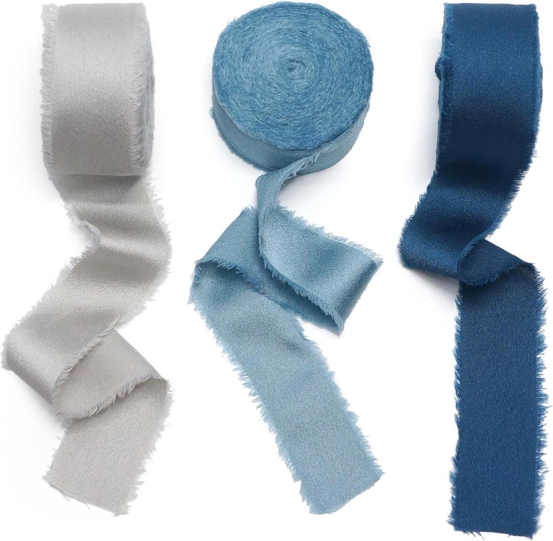 CT CRAFT LLC Frayed Satin Silk Ribbon 1" x 10 Yards x 3 Rolls Pearl Grey Dusty Blue Midnight Blue for Christmas Home Decor Gift Wrapping DIY Crafts Wedding Invitation Bouquets, Pearl Grey/Dusty Blue/Midnight Blue