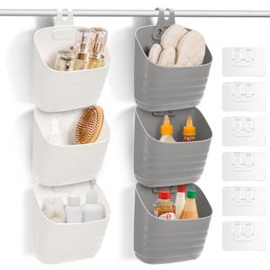6 Pack Plastic Hanging Basket for Kitchen, Over Cabinet Door Organizer with Removable Hook, Stackable Wall Mounted Storage Shower Caddy, No Drilling Shelf Bins for Food Bathroom Pantry Closet (Grey, White)