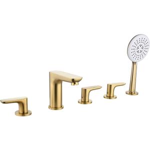 Gold Roman Tub Faucet with Sprayer, 5 Hole Bathtub Faucet with Hand Shower, 5 Piece Deck Mount Tub Faucet Set Brass, Deck Mount Tub Filler 3 Handles - JIAENLEMA