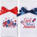 Remagr 2 Pack 4th of July Hand Towels Cotton Embroidered 13.7'' x 29.5'' Patriotic Red White Blue USA Hand Towel Bathroom with Ribbon Decorative American Independence National Day Dish Tea Towel Set