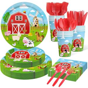 150 Pcs Farm Animal Birthday Party Decorations Farm Plates Tableware Barnyard Farm Birthday Party Supplies Serves 25 Farm Themed Cups, Farm Animal Napkins Red Knife/Fork/Spoon