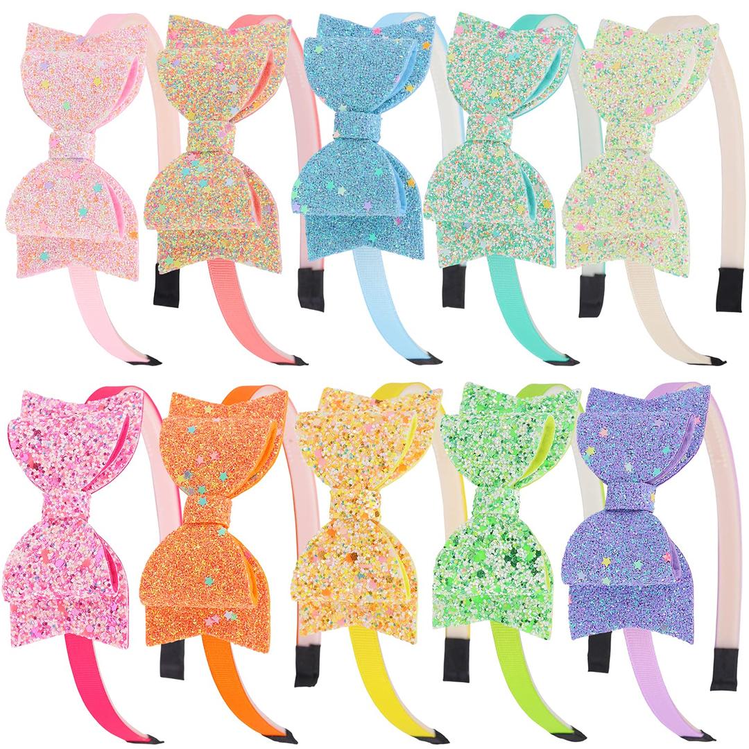 XIMA Bows Headbands For Girls, Kids Headbands 3.5 inch Sequin Glitter Hairband With Bow Little Girls Hair Bands, Pack of 10 (New Spring Color-Mix)