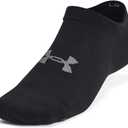 Under Armour Unisex Essential No Show Socks 6 Pack (Large, (001) Black / Black / Castlerock)
