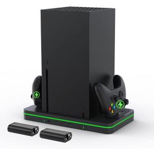Charging Stand with Cooling Fan, CODOGOY Vertical Stand Compatible with Xbox Series X/S Console&Controller, Dual Controller Charger Station Dock with 3 USB Ports,2*1100 mAh Rechargeable Battery Packs