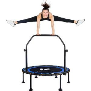 K KENSONE 40" Foldable Rebounder Trampoline for Adults with Bungee, 450 LBS Quiet Indoor Mini Trampoline for Adults Fitness with Adjustable U-Shaped Handle Bar for Gym Workout, Home Exercise, Blue