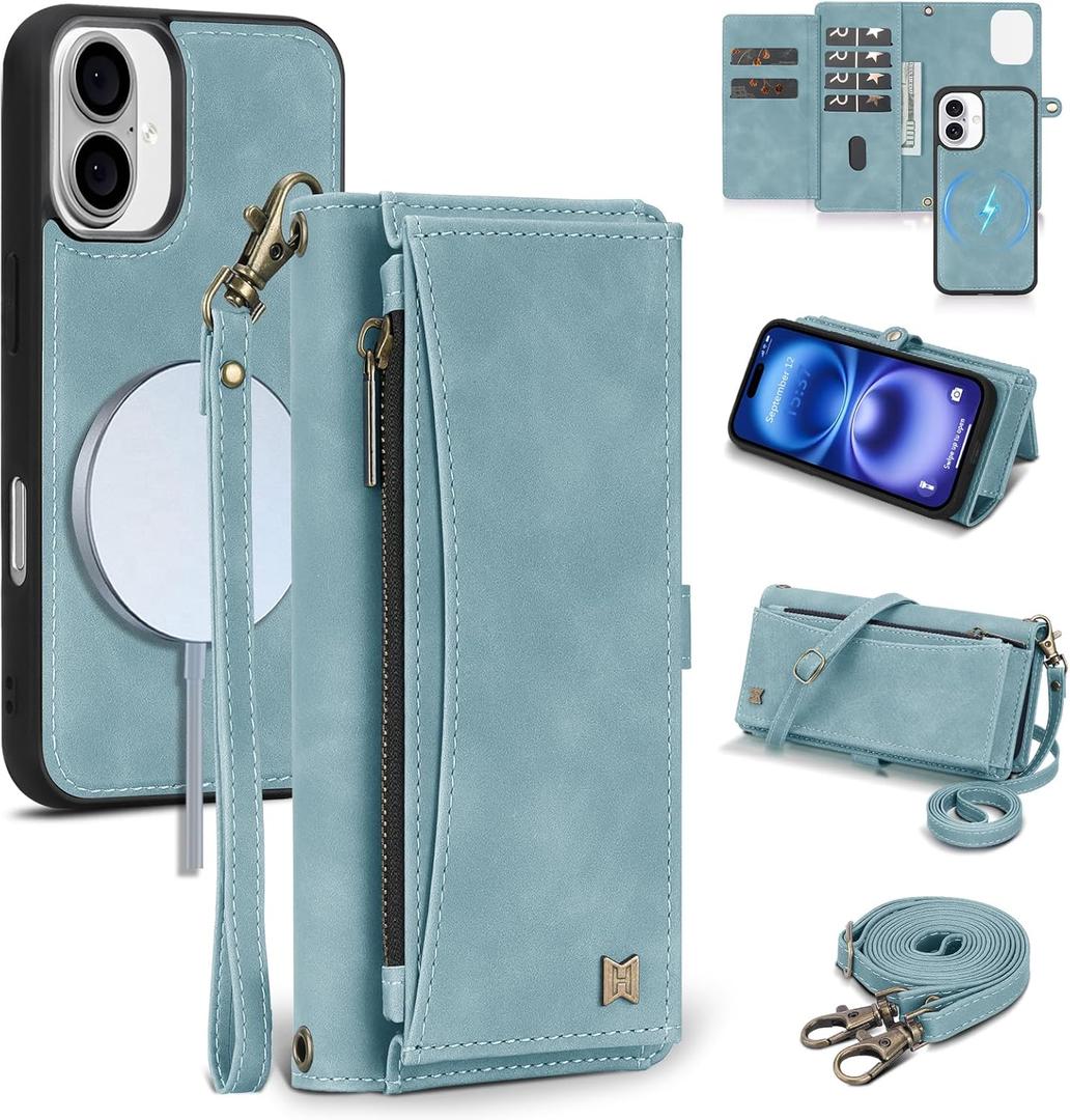Wallet Case for iPhone 16 with Card Holder/Crossbody Wallet/Strap| RFID Blocking | Magnetic | Kickstand | Detachable | PU Leather Phone Case for iPhone 16,6.1 in,Blue