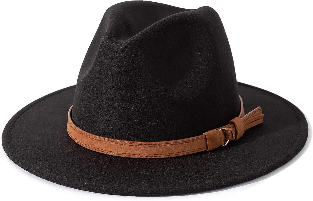 Lisianthus Men & Women Vintage Wide Brim Fedora Hat with Belt Buckle (Medium, Black)