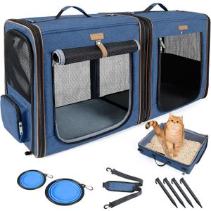 Lekereise 2-in-1 Cat Travel Carrier with Litter Box, (17.7" x2) x16.5"x13" Large Cat Carrier with Zipper Locks for Moving Across The Country (No Hammock) - Blue