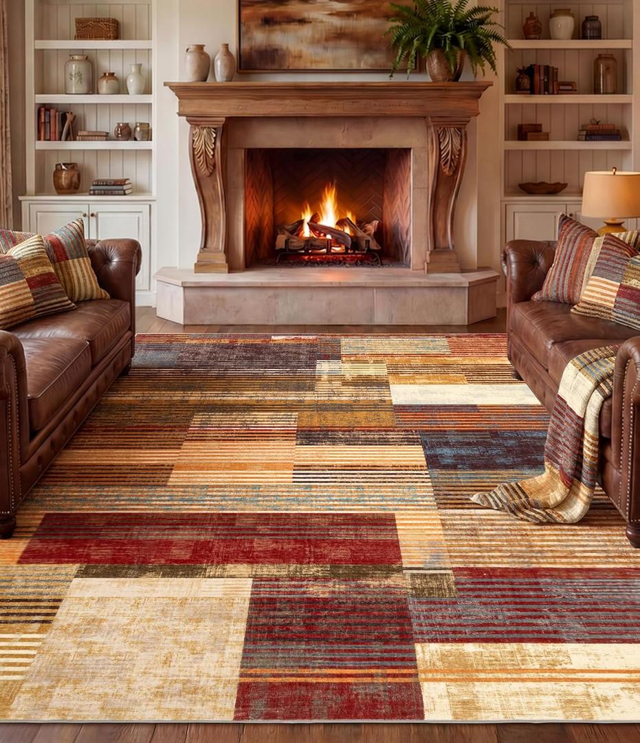 YIHOUSE Brown Area Rug 8x10, Farmhouse Rugs Washable,Vintage Burgundy Carpets for Bedroom,Burnt Orange Area Rug Non Slip,Geometric Boho Rug for Kitchen,Dining Room