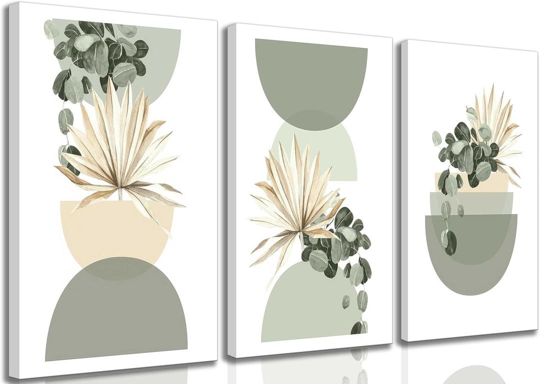 3 Pcs Neutral Abstract Boho Canvas Wall Art Beige Sage Green Mid Century Modern Plants Bohemia Pictures Wall Decor Posters Prints for Bedroom Living Room Bathroom Office Home Decoration
