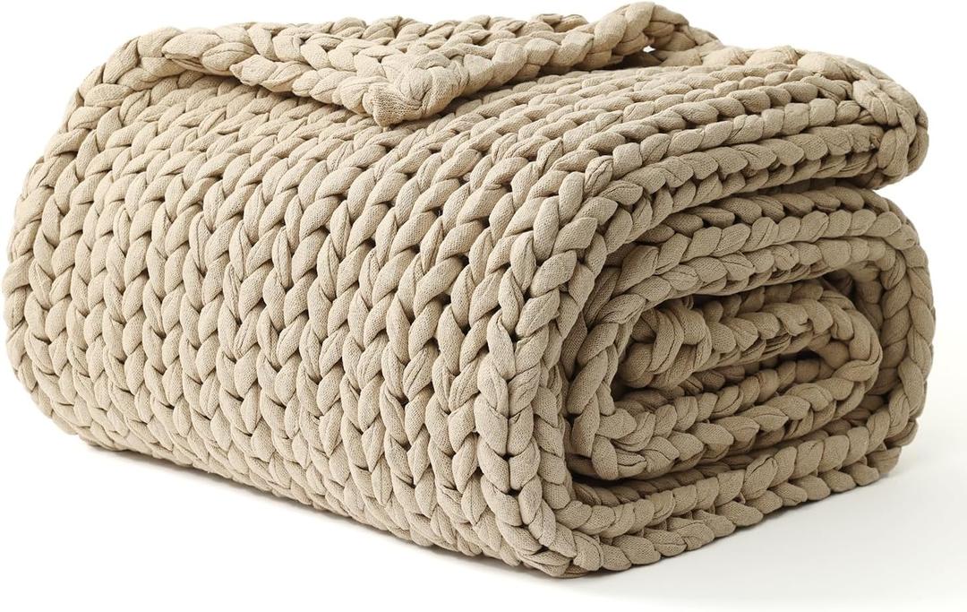 YnM Cotton Weighted Blanket, Handmade Chunky Knitted Design, Soft and Cozy, Temperature Regulating and Breathable, Machine Washable Throw for Sleep or Home Decor (Beige, 50x60 Inch, 15lbs)