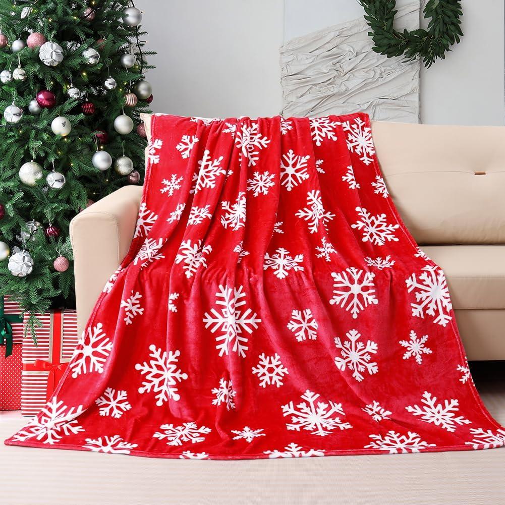 Christmas Red Throw Blanket White Snowflake Throw Blanket Xmas Winter Holiday Cozy Fuzzy Plush Throw Blankets Super Soft Lightweight Throw Blankets for Women Men 50" X 60"