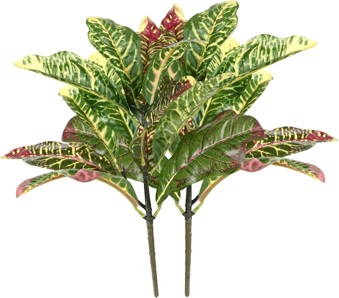 Artificial Croton Plant Leaf Branches Lifelike Tropical Houseplant Bush Stems for Home Office Decoration, 2 Pack
