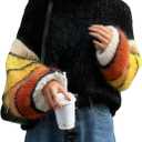 RoseSeek Women's Color Block Striped Chunky Sweaters Crew Neck Long Sleeve Fuzzy Jumper Tops (Black, L)