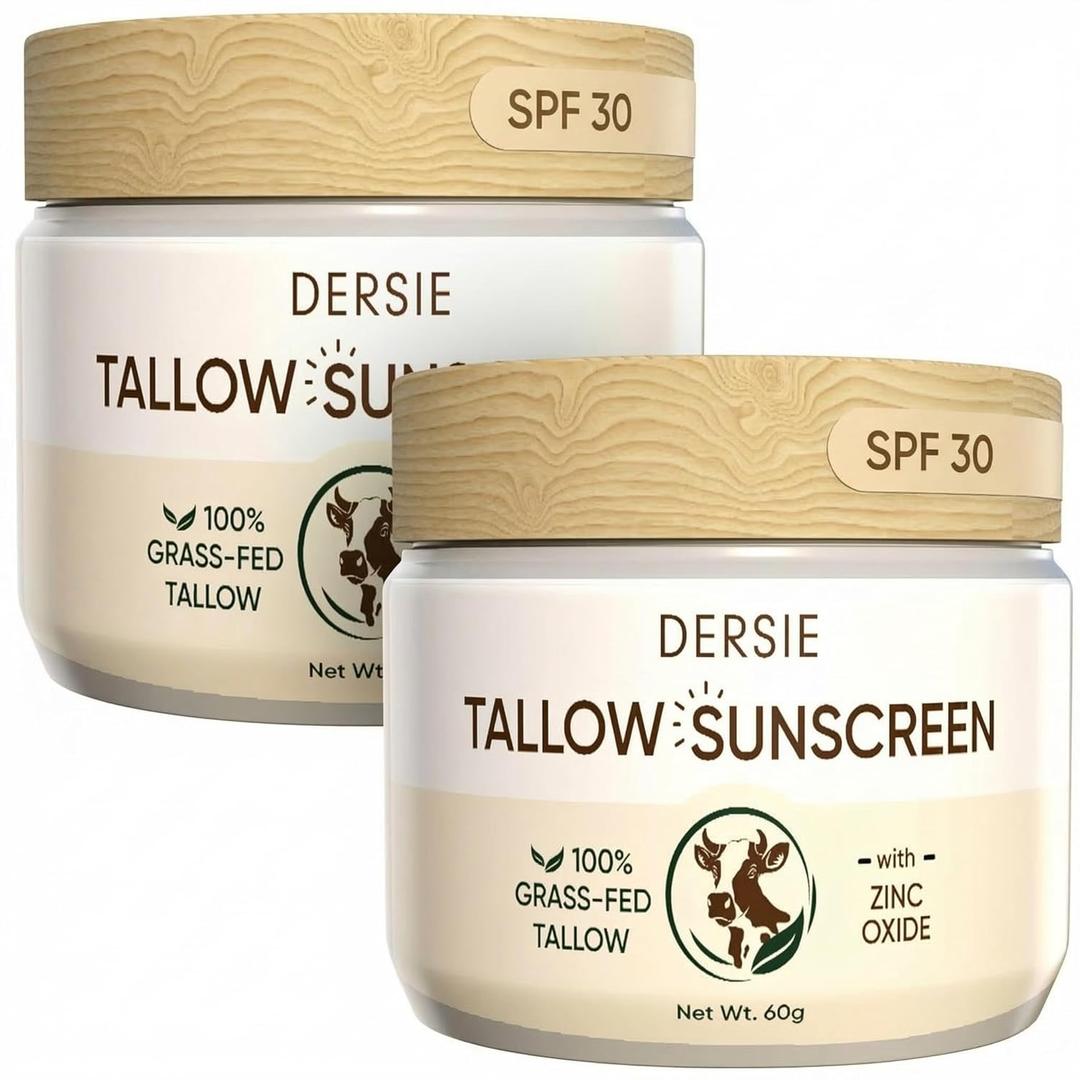 (Pack of 2) Dersie Tallow Sunscreen SPF 30 Mineral UV Defense with Non-Nano Zinc Oxide Face & Body Sun Protection for Adults & Kids 100% Grass-Fed Beef Tallow for Moisture Retention (2.12 oz)